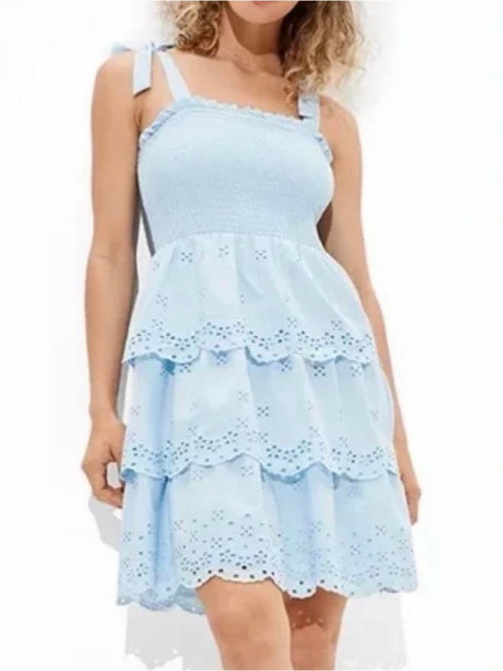 🩵AE Cotton Baby Blue Sleeveless Eyelet Ruffle Mini Dress